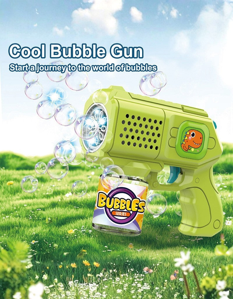 Green automatic bubble gun creating bubbles outdoors on a grassy field.