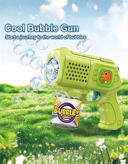 Green automatic bubble gun creating bubbles outdoors on a grassy field.