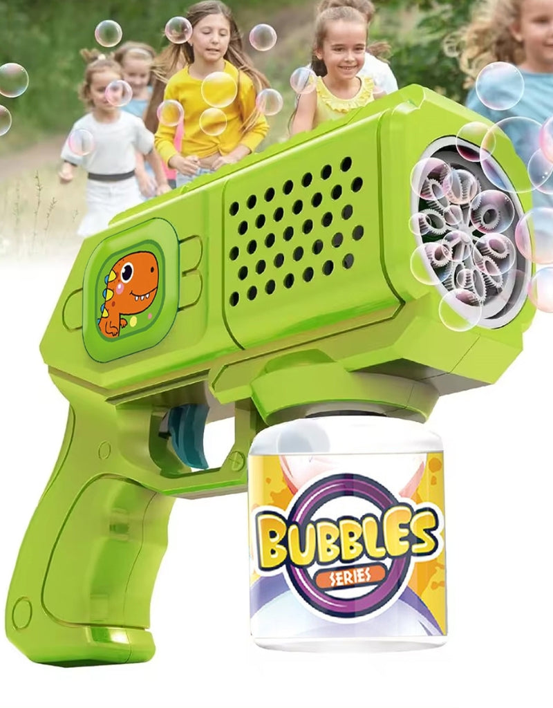Children playing outdoors with a green automatic bubble gun that produces many bubbles.