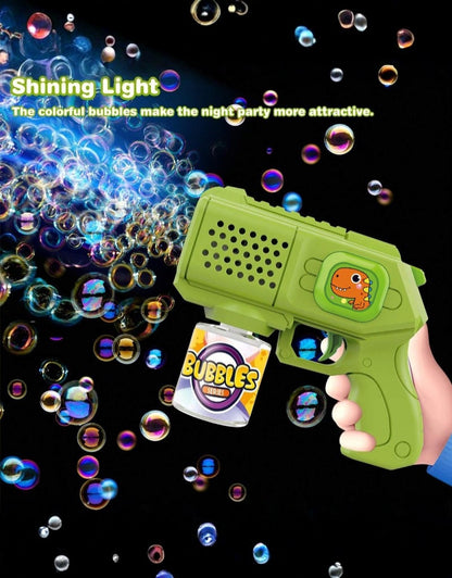Green bubble gun lighting up while shooting colorful bubbles in the dark.