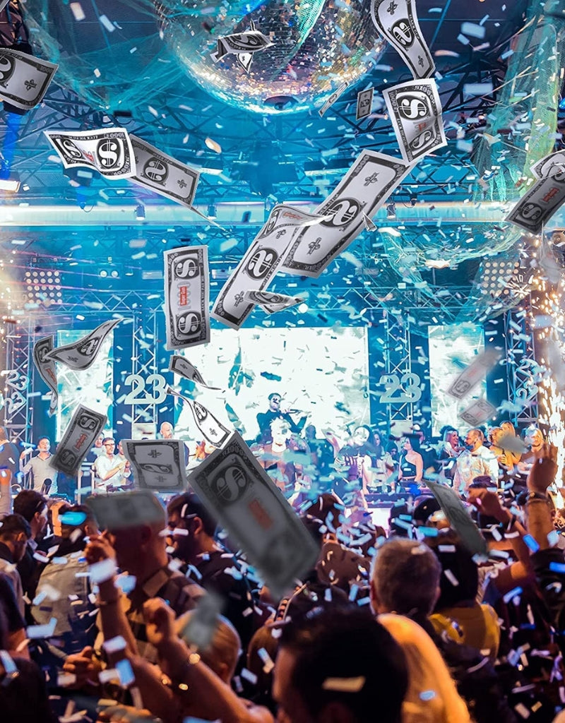 Money Gun bills flying over a crowded club party celebration.