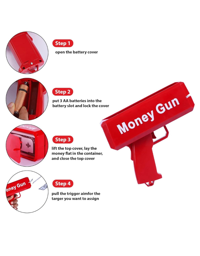 Step-by-step instructions showing how to load and operate the Money Gun with batteries and fake bills.