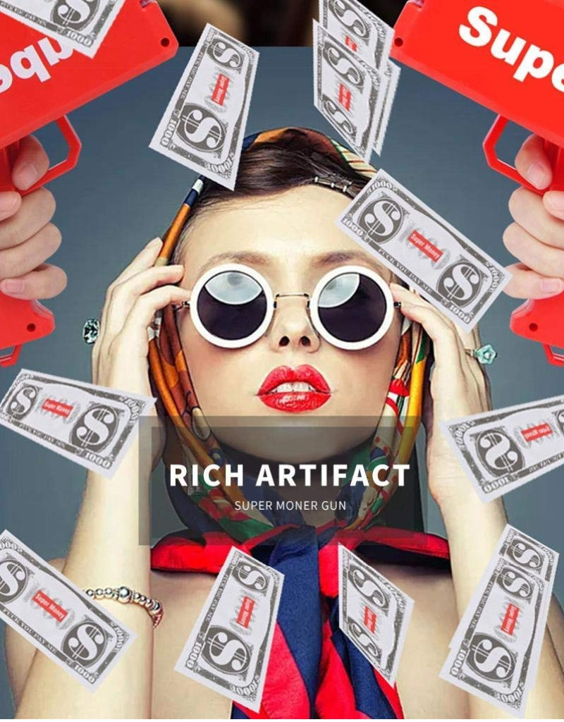 Woman surrounded by flying money bills with red Money Guns for party decoration.