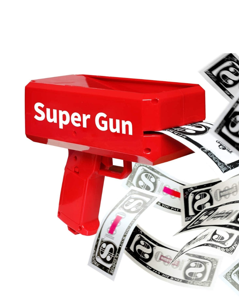 Red Fashion Money Gun shooting fake dollar bills for party and wedding events.