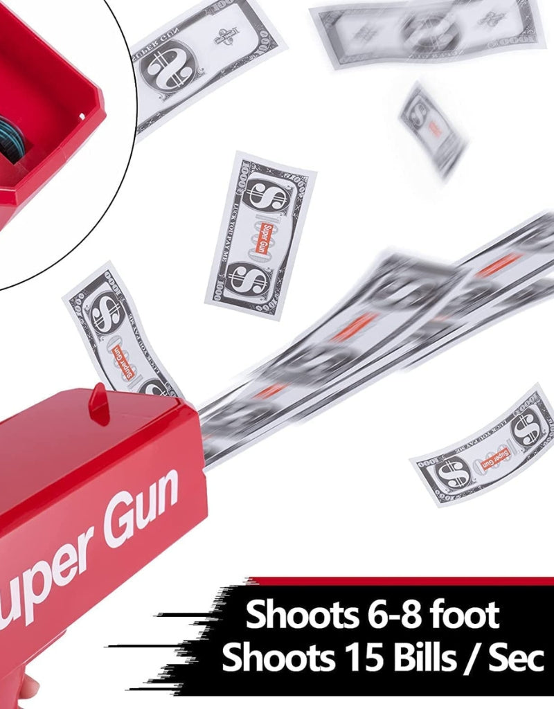 Money Gun shooting multiple fake bills with performance text showing shooting speed.