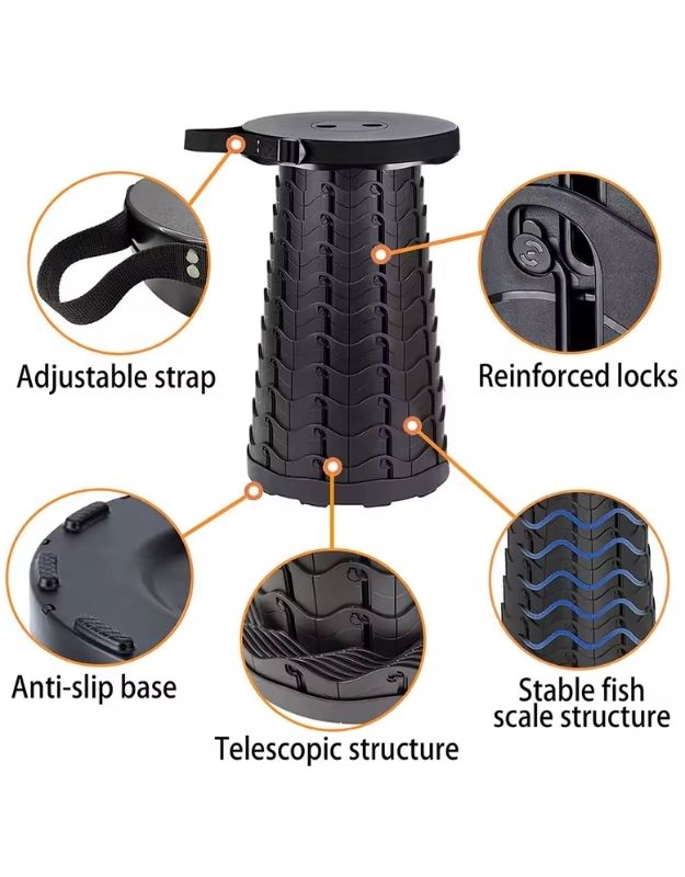 Folding stool with reinforced locks, anti-slip base and stable fish scale design.