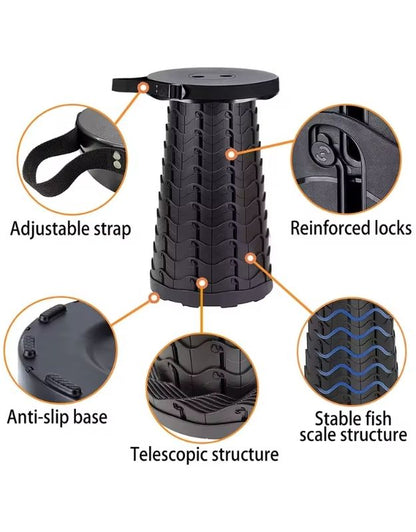 Folding stool with reinforced locks, anti-slip base and stable fish scale design.