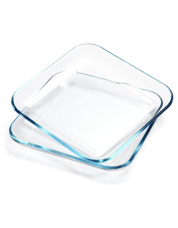 Two stacked empty tempered square glass plates on a white background