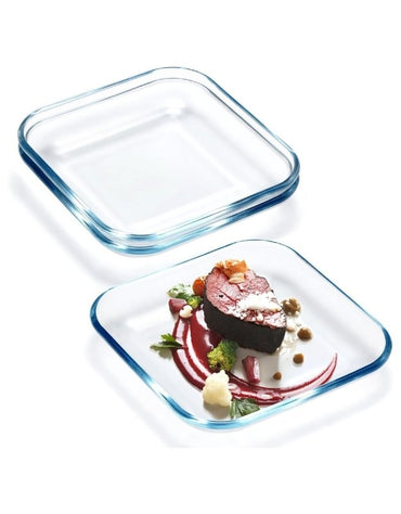 Square tempered glass plate set with gourmet meat and vegetable serving