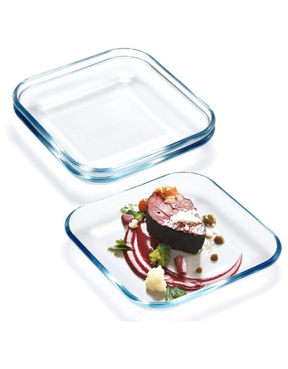 Square tempered glass plate set with gourmet meat and vegetable serving