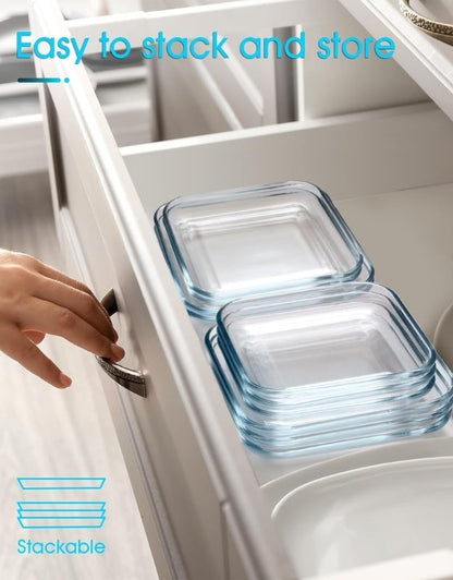Stackable square tempered glass plates stored neatly in a kitchen drawer