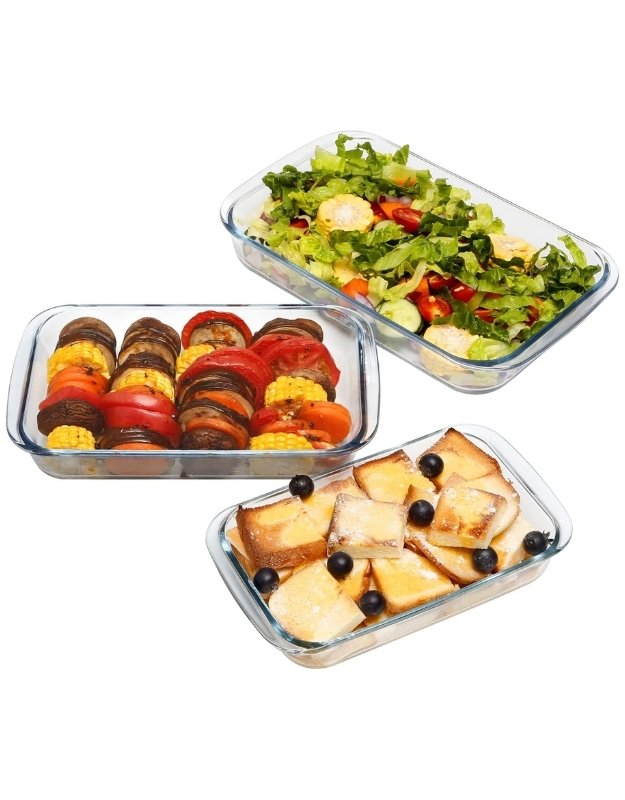 Fenix 3 piece rectangular glass baking dish set filled with salad, vegetables, and baked dessert