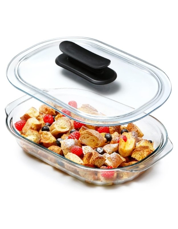 Fenix oval glass casserole dish with lid filled with baked pastry and berries