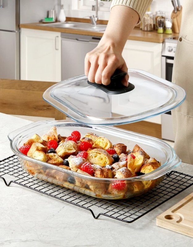 Fenix glass casserole dish with lid in kitchen filled with baked dessert