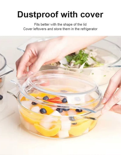 Hands closing tempered glass casserole with lid, showcasing dustproof storage