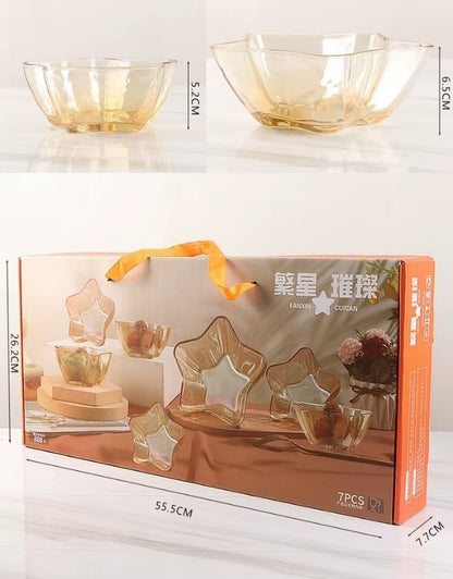 Packaging box showing 7 pcs pentagram star-shaped fruit and dessert glass bowl set with dimensions.