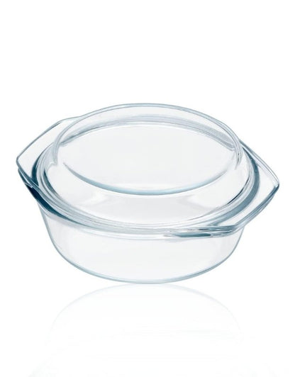 Clear round tempered glass casserole with lid, ideal for baking and serving.