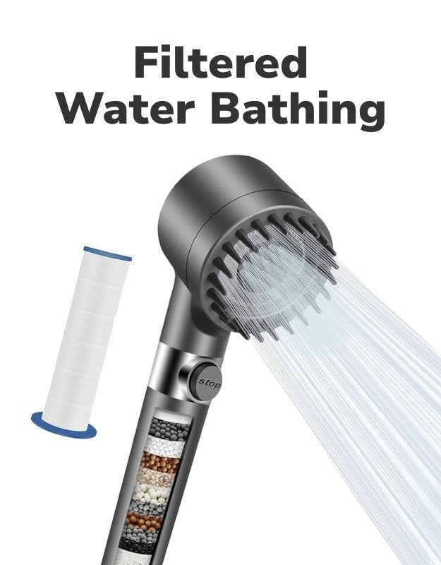 Shower head with filtered water feature and filter cartridge on a white 
background. Filtered shower head with replaceable cartridge for purified water bathing.