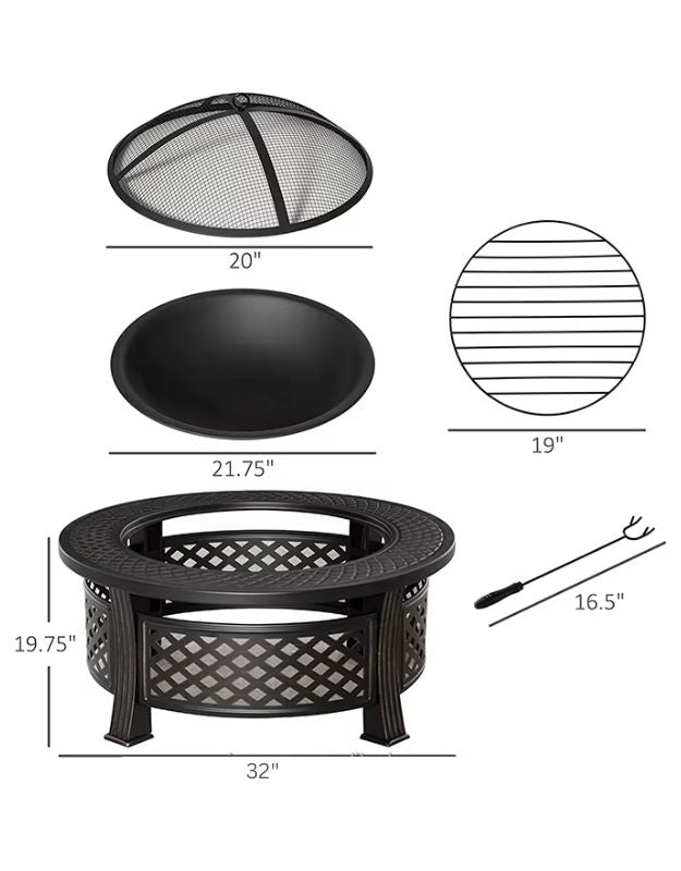 Dimensions and parts of outdoor fire pit table including mesh cover, bowl, grill grate, and poker.