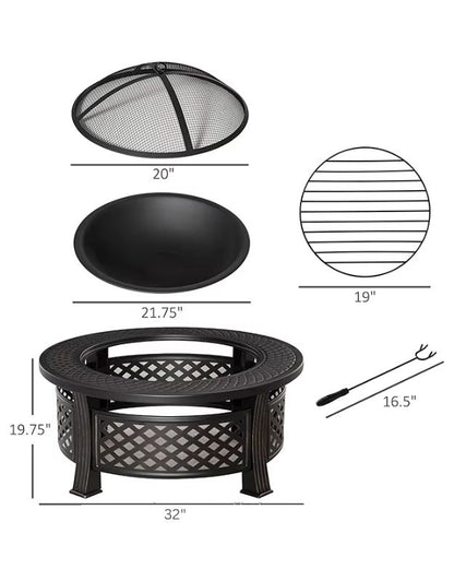 Dimensions and parts of outdoor fire pit table including mesh cover, bowl, grill grate, and poker.