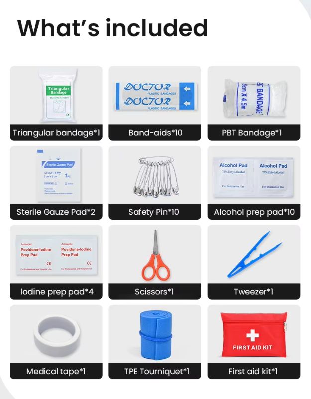 Full contents of portable first aid kit including bandages, scissors, gauze, and tweezers.