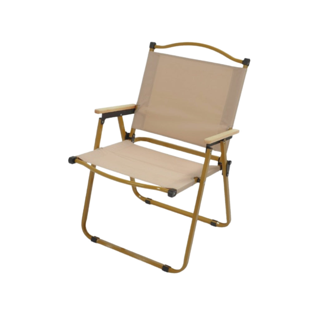 A beige foldable camping chair with a metal frame and wooden armrests. It has a simple, lightweight design suitable for outdoor use like camping or picnics.