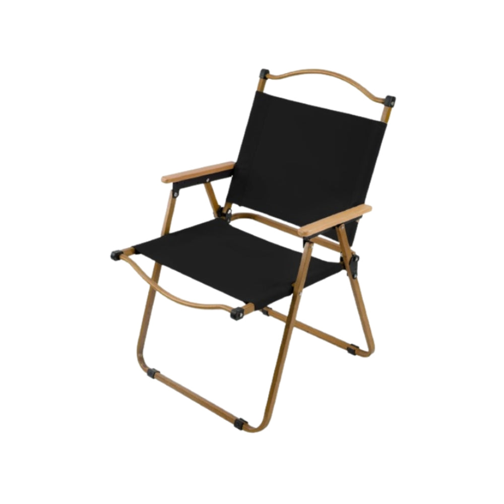 A black foldable camping chair with a metal frame and wooden armrests. It has a simple, lightweight design suitable for outdoor use like camping or picnics.