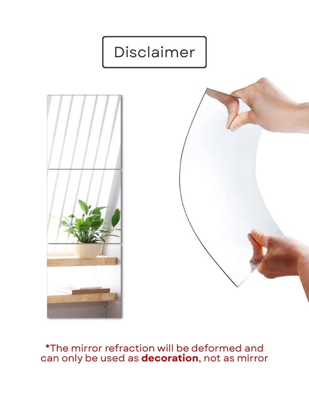 Flexible mirror sheet for wall decor with disclaimer about distortion.