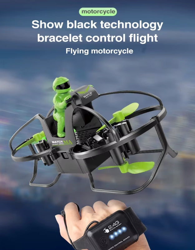 Flying motorcycle style quadcopter drone with bracelet control technology