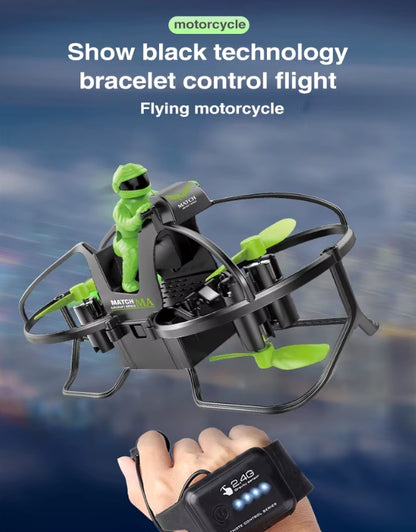 Flying motorcycle style quadcopter drone with bracelet control technology