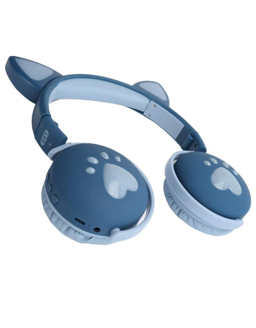 Foldable blue cat ear wireless headphones with paw print LED lights and built-in mic