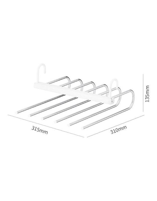Dimensions of foldable trouser hanger with five stainless steel rods.