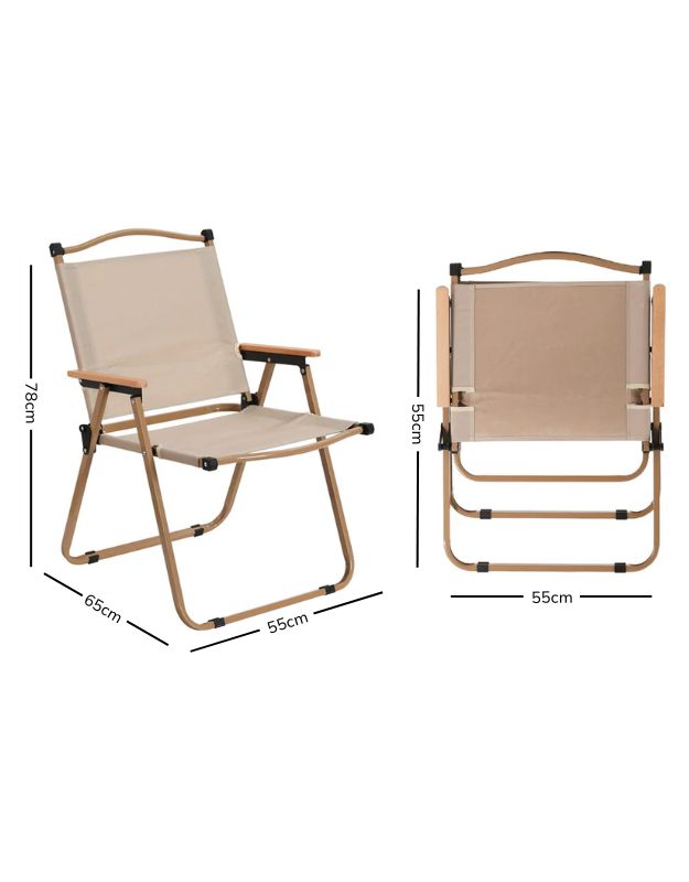A beige foldable camping chair with a wooden or bamboo frame. Dimensions are provided: 78 cm in height, 65 cm in depth, and 55 cm in width when open; 55 cm by 55 cm when folded. The chair features armrests and a sturdy design for outdoor use.