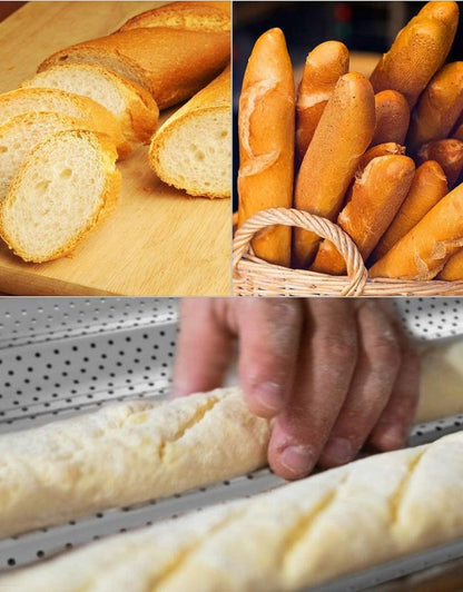 Collage of baguettes with different views including sliced, in a basket, and being held. Freshly baked French baguette bread in a basket and sliced on a cutting board.