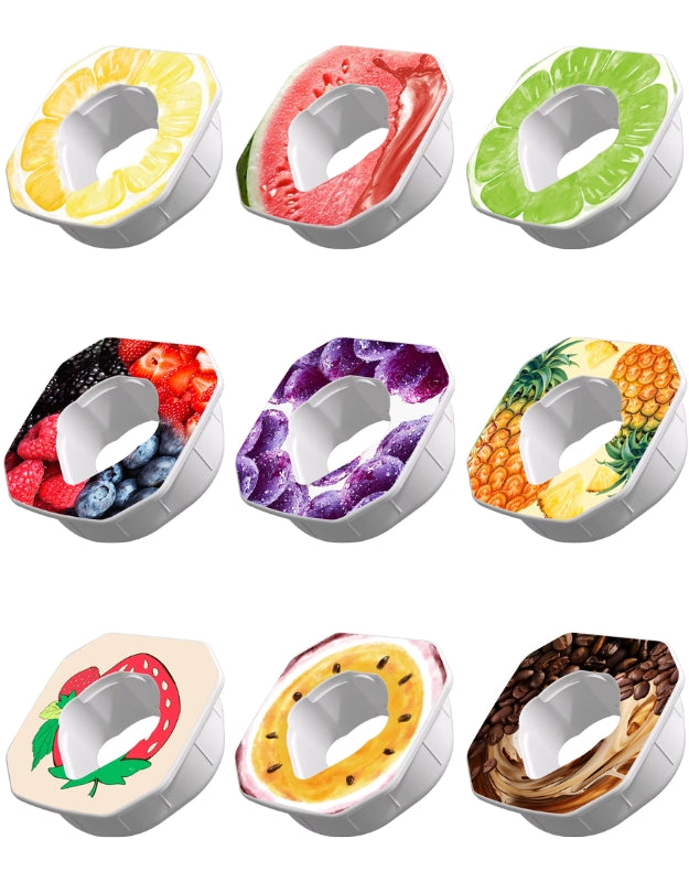 Set of nine colorful fruit-flavored cartridges for Tritan water bottles.