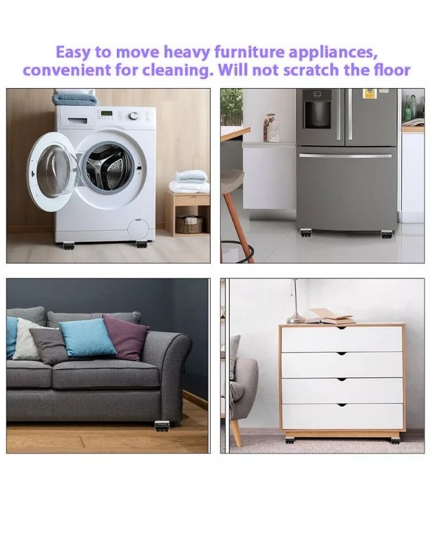 Collage of household appliances with text about their ease of movement and cleaning. Easy-move trolley for washing machines, refrigerators, sofas, and cabinets, protects floors from scratches.