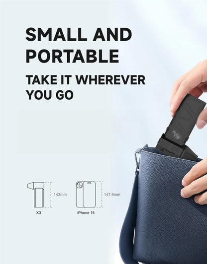 Portable Gale Force Electric Air Duster shown fitting in a handbag, compact and easy to carry