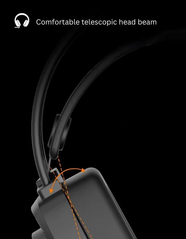 Gaming headset with adjustable telescopic headband for a comfortable fit.