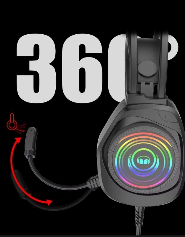 Black gaming headset with RGB lighting and 360-degree adjustable microphone.