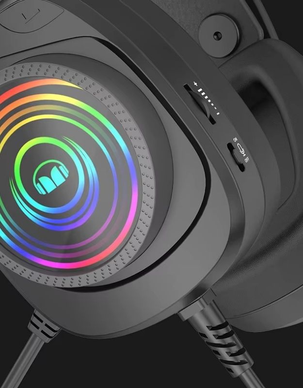 Black wired gaming headset with RGB lighting and microphone.