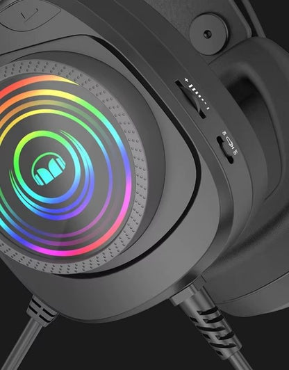 Black wired gaming headset with RGB lighting and microphone.