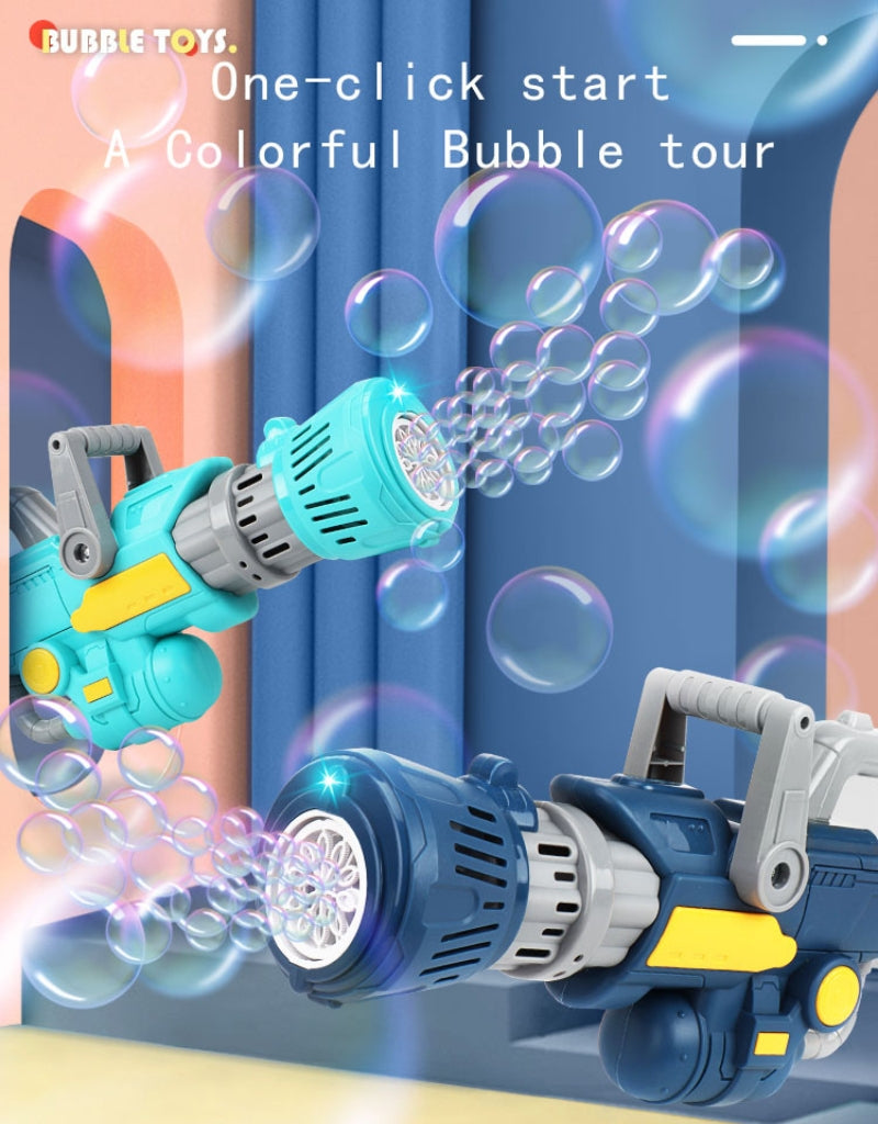 Two Gatling electric bubble guns releasing bubbles with one-click start displayed.