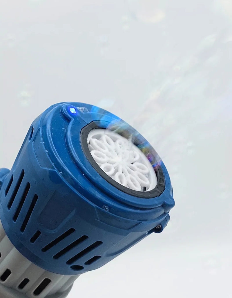 Close-up view of the bubble gun’s rotating Gatling nozzle producing bubble output.