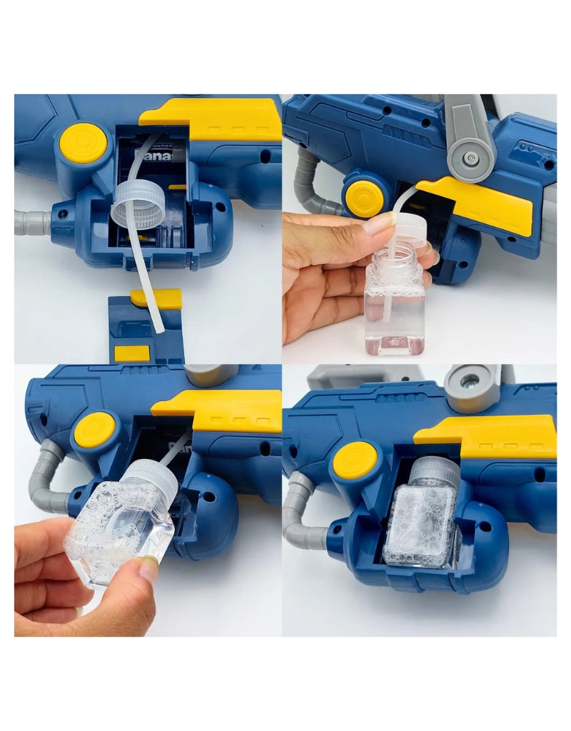 Step-by-step demonstration of loading bubble liquid into the Gatling electric bubble gun.