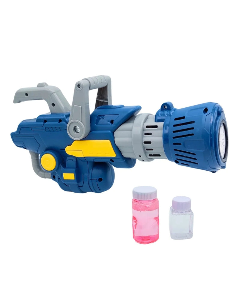 Gatling electric bubble blower gun displayed with two bubble liquid refill bottles.