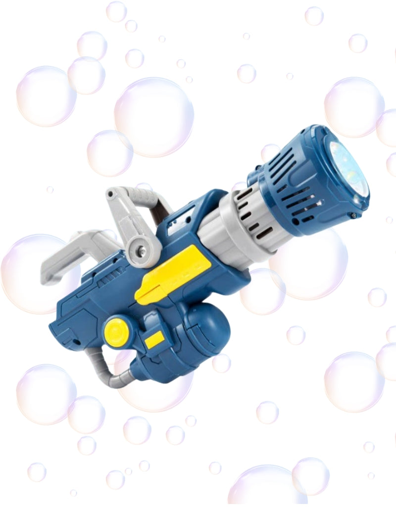 Electric Gatling-style bubble blower toy gun in blue with bubbles in the background.