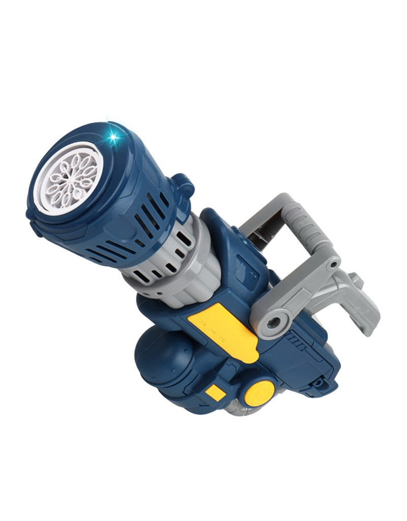 Side angled view of the blue Gatling electric bubble blower gun showing the rotating nozzle.