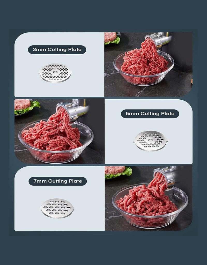 General Power Meat Grinder 2200W includes 3mm, 5mm, and 7mm cutting plates for fine, medium, and coarse meat grinding