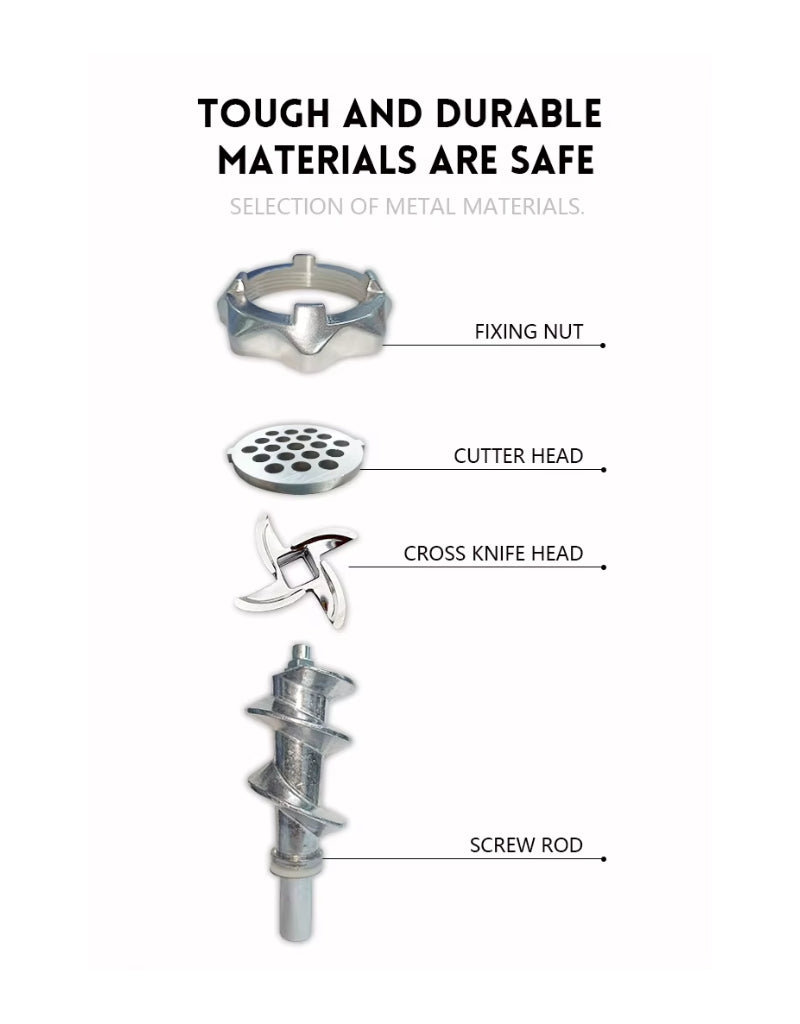 General Power Meat Grinder 2200W with strong metal fixing nut, cutter head, cross knife, and screw rod