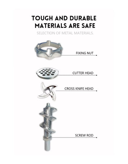 General Power Meat Grinder 2200W with strong metal fixing nut, cutter head, cross knife, and screw rod